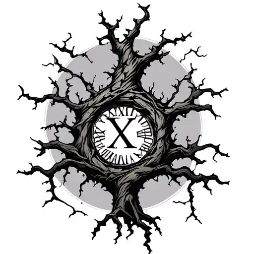 Aggressive black and grey forearm tattoo design. A dark, muscular, twisted tree growing through a cracked Roman numeral  tattoo design idea