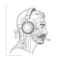bottom half face of man, with head filled with symbols of music, headphones, super mario, books, movies tattoo design idea