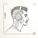 bottom half face of man, with head filled with symbols of music, headphones, super mario, books, movies tattoo design idea