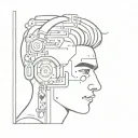 bottom half face of man, with head filled with symbols of music, headphones, super mario, books, movies tattoo design idea