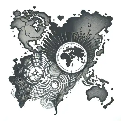 fingerprint heart with world map and navigation compass inside tattoo design idea