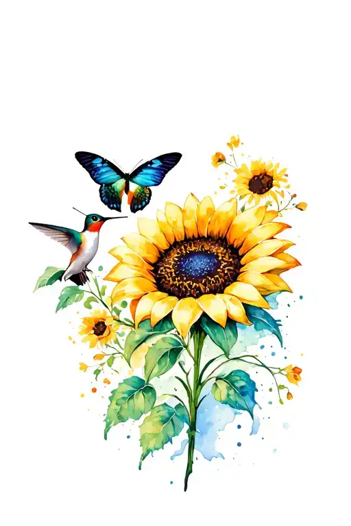 sunflower with butterfly and hummingbird tattoo design idea