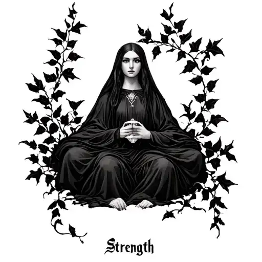 tarot cards Strength and high priestess surrounded by black ivy tattoo design idea