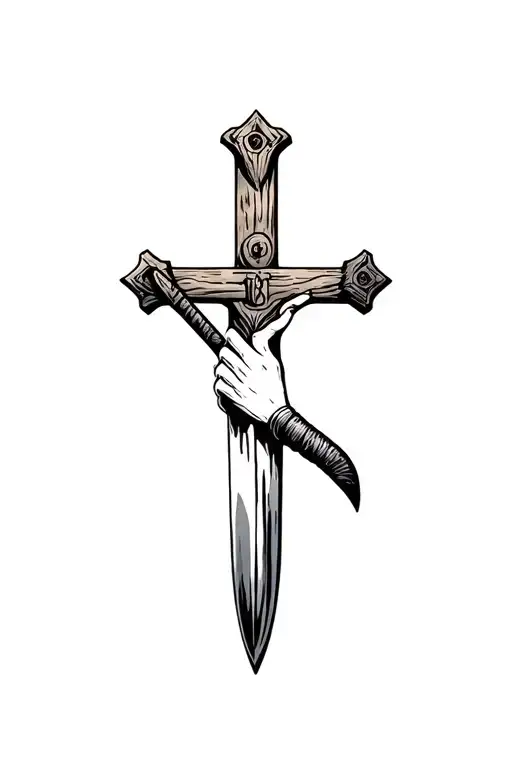 sword and hand plow with a crucifix wooden cross tattoo design idea