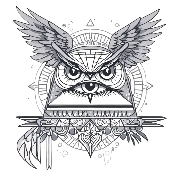 filigree all seeing eye pyramid owl wings  in background Anunnaki egyptian  tattoo design idea