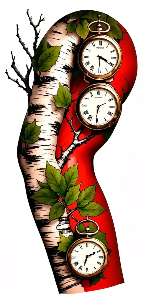 birch branches with hunter green leaves with only three clocks integrated into it for an arm sleeve tattoo design idea