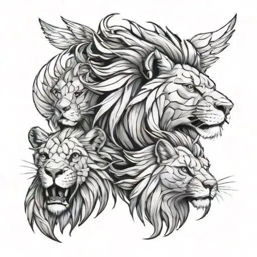 Lion face and phenix with a cub tattoo design idea