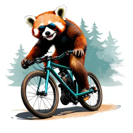 smiling red panda bear riding a road bike wearing sunglasses tattoo design idea