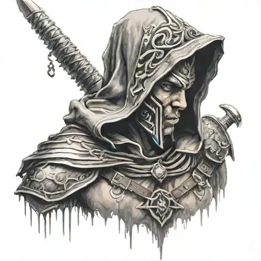 hooded warrior looking at me tattoo design idea
