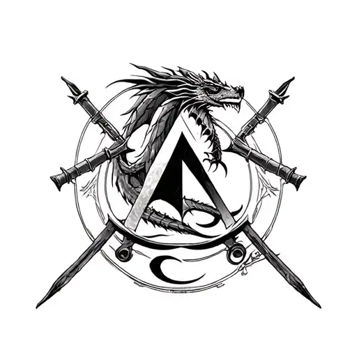fine line european dragon tattoo, with the assassin's creed symbol and military crossed cannons hidden in the image tattoo design idea