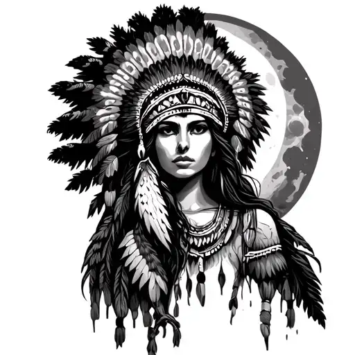 tree of life breaking through finger bones with Native American women wearing an owl headdress looking at the moon tattoo design idea