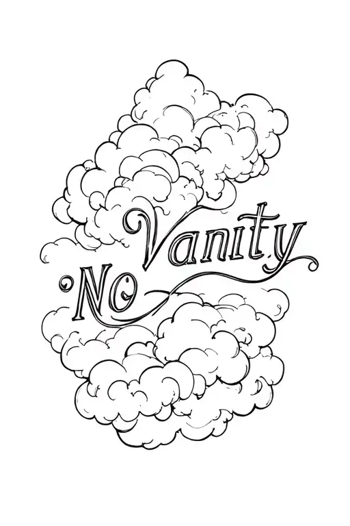 "No Vanity" in Time New Roman font with cloud background on bicep  tattoo design idea