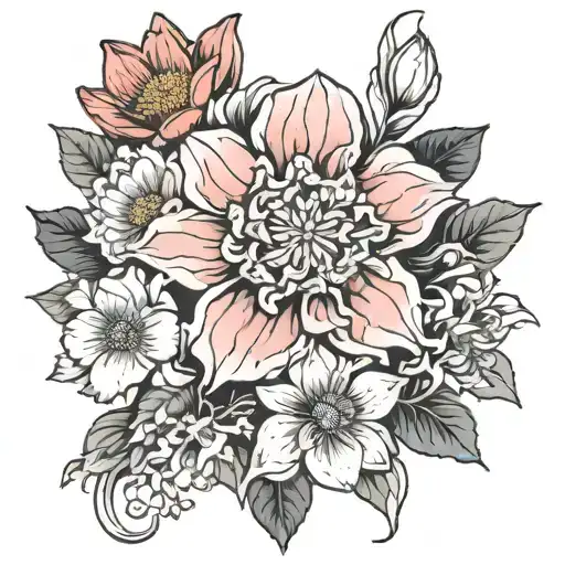 Carnation, daffodil, daisy, water lily, poppy, chrysanthemum, poinsettia flowers in black and white shading tattoo design idea