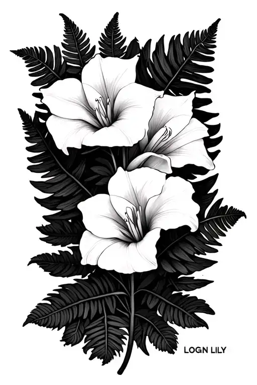 "Logan Lily" gladiolas black and white. 2 blooms and 2 ferns behind it tattoo design idea