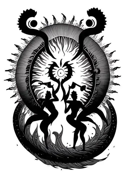 spiritual style spiral sun with 2 kokopelli style people dancing but instead of trumpets they have there hands in the ai tattoo design idea