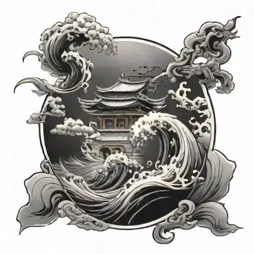 Create a back tattoo that spans top half of a male back from shoulder to shoulder. Make it Japanese styled with an ocean tattoo design idea