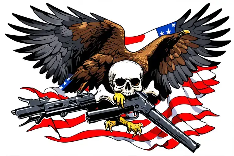 eagle flying with American flag as wings feet holding skull and Al-47 as cross bones tattoo design idea