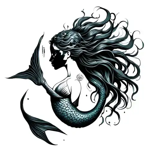 mermaid tattoo with pisces symbol hold by hand tattoo design idea