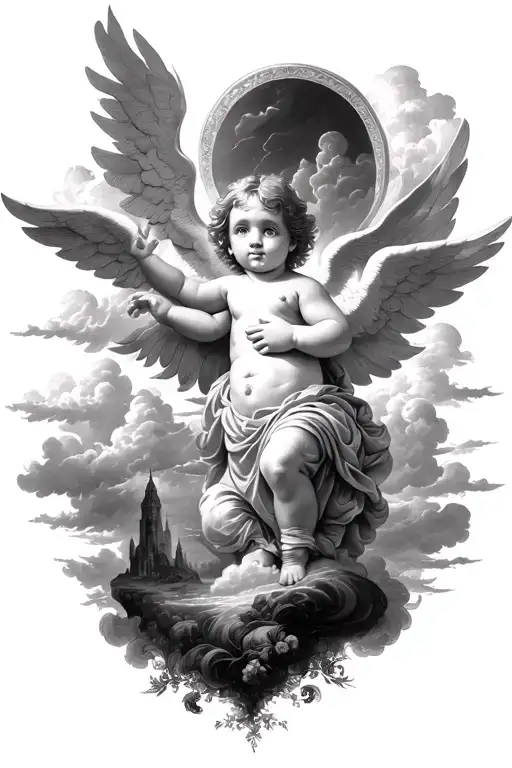 cherub and landscapes divine clouds light tattoo design idea