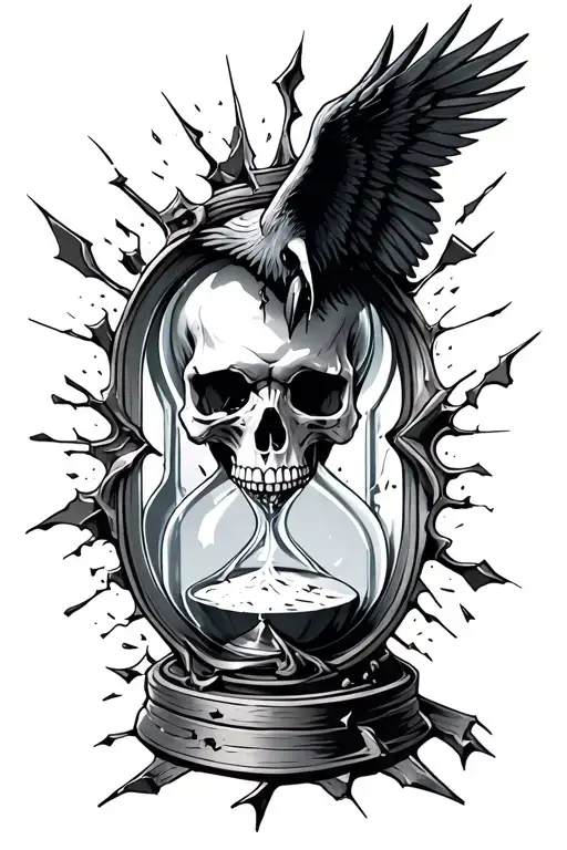 raven skull hourglass castle shattered glass tattoo design idea