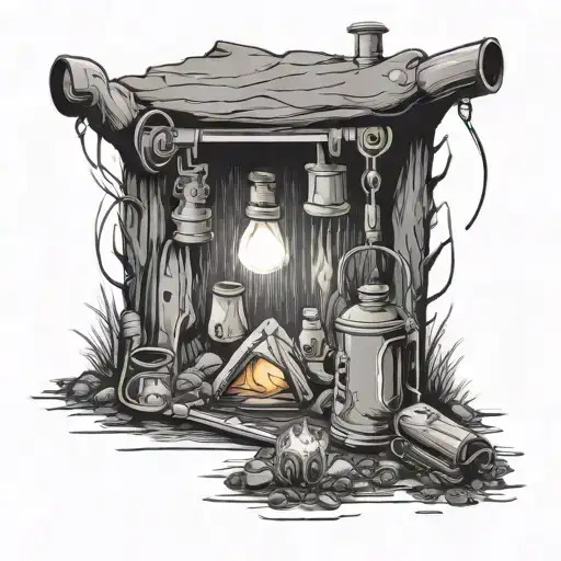 A camping scene with a hidden welding torch and plumbing tools tattoo design idea