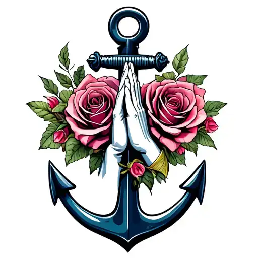 roses, anchor, praying hands tattoo design idea