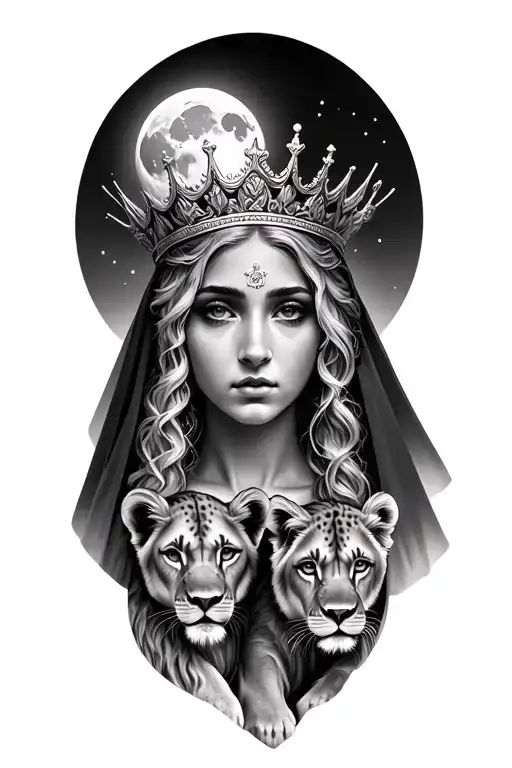 black & grey- greek motherhood goddess with light color hair, wearing crown with small veil, 2 lion cubs and moon tattoo design idea