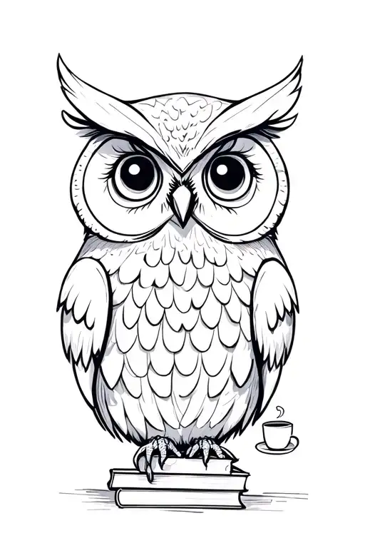 animated owl with books and coffee tattoo design idea