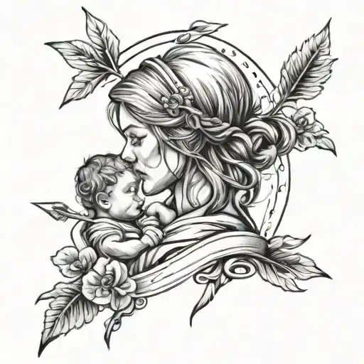 Design a tattoo of a mother and child with arrows symbolizing protection tattoo design idea