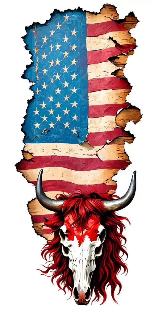 Tattered American flag with second amendment scroll and a red horse head and bull skull tattoo design idea