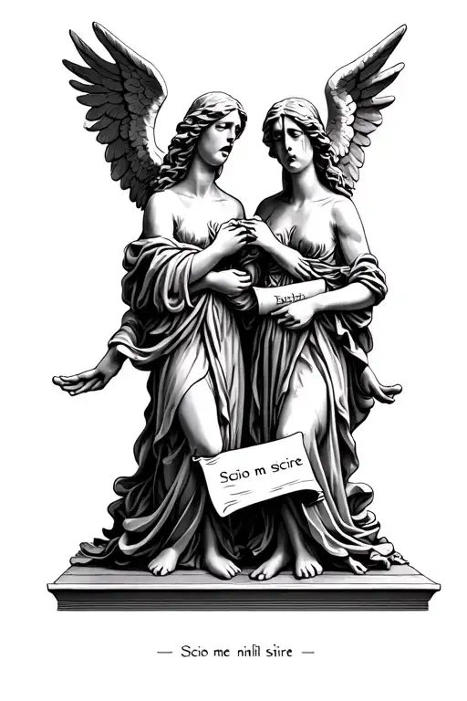 Two crying angel statues holding a scroll that says the latin phrase: "scio me nihil scire". tattoo design idea