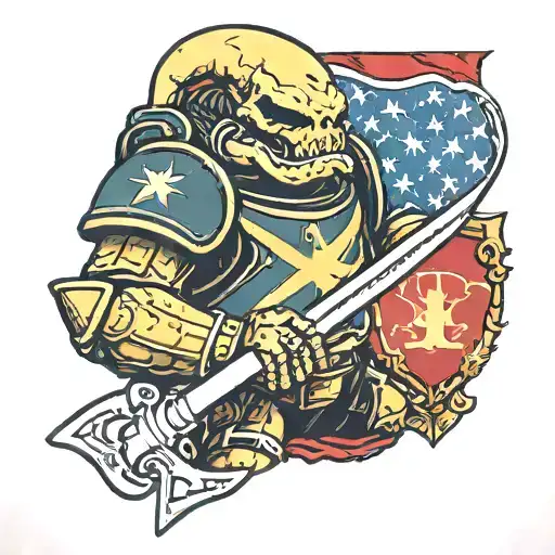 Salamander space marine holding flag with a linkin park photo as the background  tattoo design idea