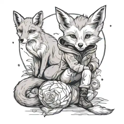 The little prince sits next to the fox. They look at the planet and there is one rose. All in a modern style. tattoo design idea