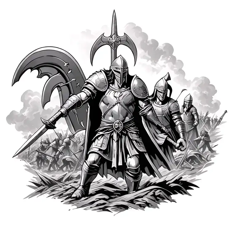 tattoo on the background of the battlefield with a Spartan warrior, a Viking warrior, a knight of the middle ages with a year tattoo design idea