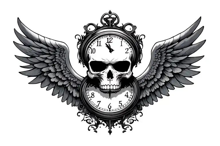 skull with wings and clock surrounded tattoo design idea