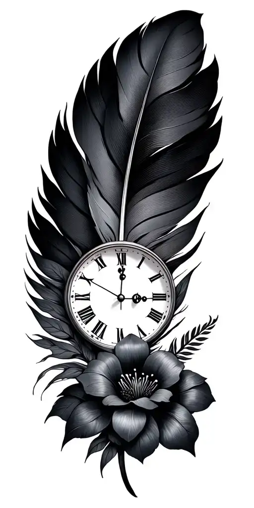 feather, clock, flowers, indigenous tattoo design idea