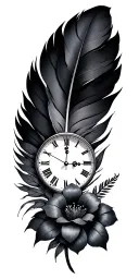 feather, clock, flowers, indigenous tattoo design idea
