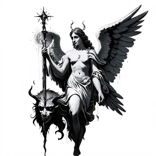 An Angel holding a light, A devil at the bottom half and wings tattoo design idea