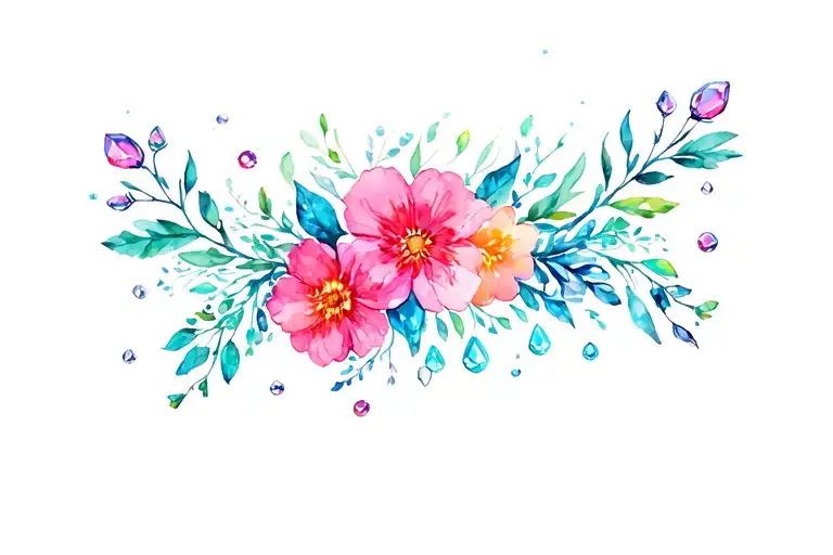 under boob tattoo with flowers and gems scattered tattoo design idea