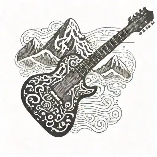 An intricate design of a guitar fretboard with mountain peaks as the fret markers, using dotwork style tattoo design idea