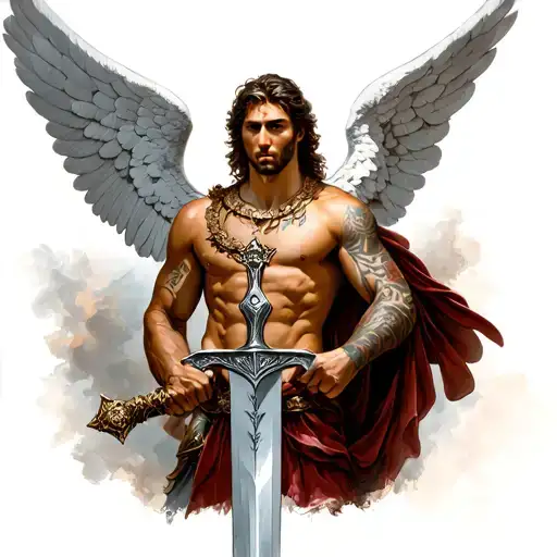 Tattoo sketch, Archangel Michael with a sword, on his shoulder, size about 25 cm, style realism tattoo design idea