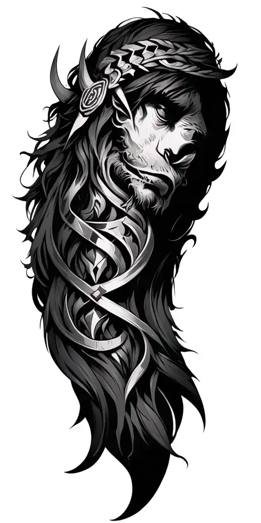 Draw me samples of tattoos in the style of Scandinavian mythology so that the drawing is on the whole hand and goes to the chest and neck, tattoo design idea
