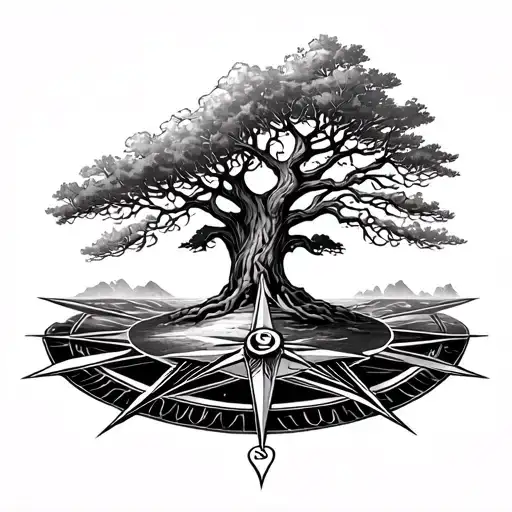 tattoo of the Yggdrasil tree, fussioned with the compass rose, in the center of the compass rose a small island floating tattoo design idea