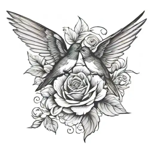 swallow birds flying with rose intertwined tattoo design idea