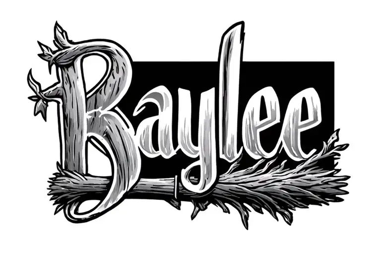 wife's name tattoo "Baylee" written on a witch's broom tattoo design idea