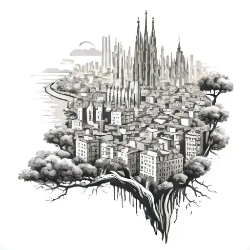 A Barcelona cityscape tattoo with a hidden environmental message, like a tree growing from the Sagrada Familia, representing your career as an environmental engineer tattoo design idea
