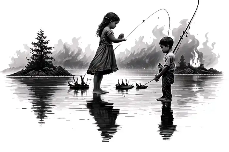 little girl(rich)praying  little boy(poor)fishing with a wildfire in the background tattoo design idea