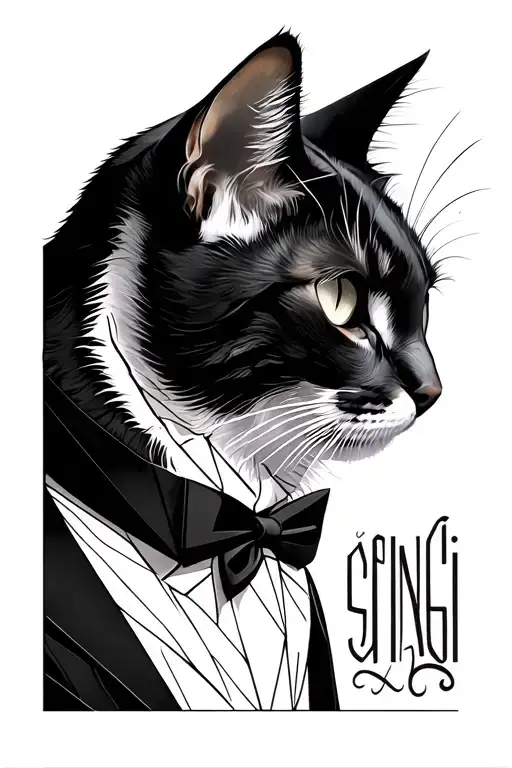 create a tatoo with word shingi with a black and white tuxedo cat tattoo design idea