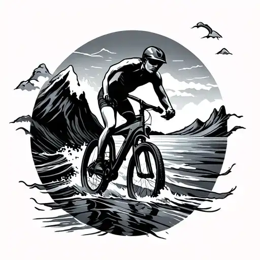 swim bike run mountain to the sea waves tattoo design idea