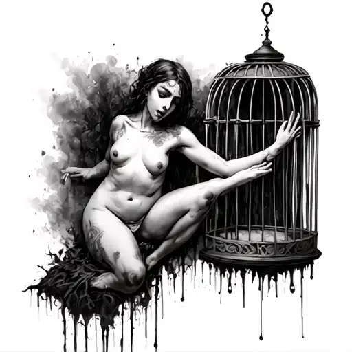 Image of a naked, tense woman. The woman is displayed like a statue, trapped in a cage in a scary, dirty, embroidered, r tattoo design idea